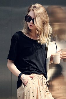 Azone Women Summer T Shirt Casual Loose Round Neck Short Sleeve Tops (Black) - intl  