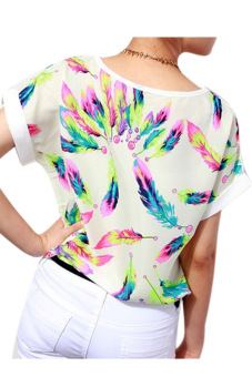 Azone Women's Feather Pattern Chiffon T-shirt Batwing-sleeve Tops Blouse (Printed)   