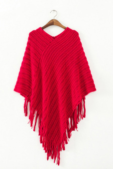 Azone Women's Oblique Stripe Tassels Wraps Cape Sweater (Red)   