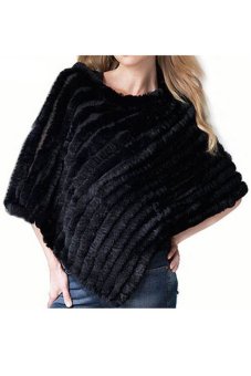 Azone Women's Soft Knitted Genuine Fur Poncho Jacket Coats (Black)   