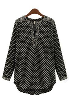 Azone Women's V Neck Floral Shirt Long Sleeves Polka Dot Leisure Blouse Asymmetric Hem T-Shirt Tops Tees (Black)  