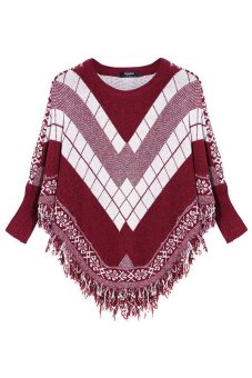Azone Zeagoo Ladies Casual O-Neck Batwing Sleeve Print Tassels Hem Loose Poncho Sweaters (Red)  