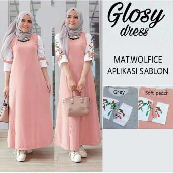 Baju Original Glossy Dress Gamis Wolfice Gaun Pesta Panjang Baju Hijab Terusan Pengajian Wanita Muslimah Peach  