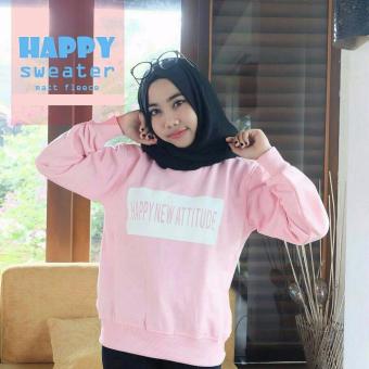 Baju Original Happy Sweater Pink Fleece Muslimah Hangat Zipper Hoodie Casual Jacket Atasan Wanita Pink  