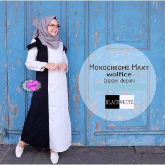Baju Original Monochrome Maxy Dress Gamis Wolfice Gaun Pesta Panjang Baju Hijab Terusan Pengajian Wanita Muslimah Black  