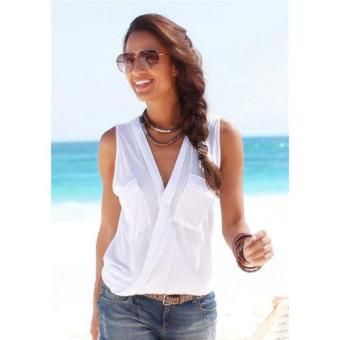 Baju Pantai Wanita Sleeveless V Neck Beach Shirt Size L - White  