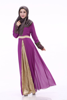 Bang 2016 New Muslim Chiffon Gown Hui Splicing Long-Sleeved Dress Purple - Intl  