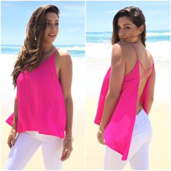 Basic Tank Top Chiffon Blouse Spaghetti Strap Backless Sleeveless Cami Vest Shirt (Rose) - intl  