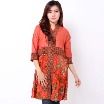 Batik Distro BA7039 Blus Wanita Kombinasi Silky Pendek - Orange  