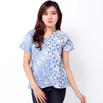 Batik Distro BA7055 Blus Wanita Cap Manik Pendek - Biru  