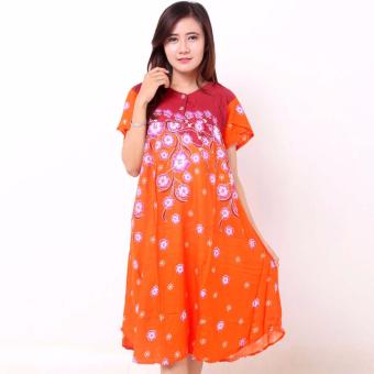 Batik Distro D736 Daster Wanita Bunga Lengan Pendek - Orange  
