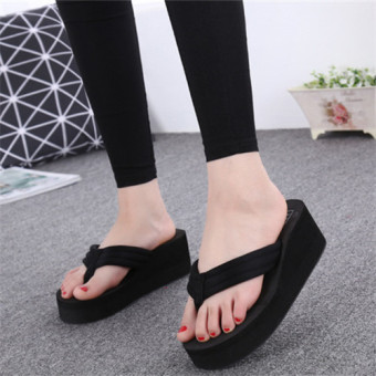 beach shoes female high-heeled with Flip Flops Sandals and slippers Flip Flops Black  