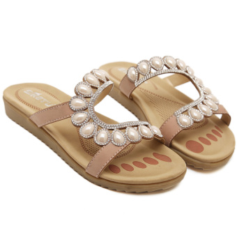 Beige Women Summer Crystal Beads Flat Sandals Shoes Open Toe Beach Slide Slipper Sandal sdl-21  