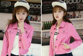 Bigcat Korean version women Solid color denim jacket cardigan short - PINK - intl  