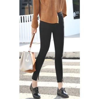 BLACK Boyfriend Breasted Waist Jeans Casual Slim Was Skinny Pencil Pants Trousers for Women Jeans Trousers Split Ends Pantalons Mujer 2017 New - intl  