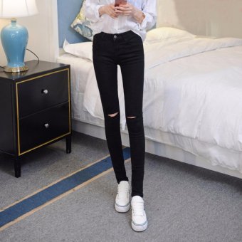 Black Knee Two Hole Jeans Women's Feet Stretch Pencil Pants - intl  