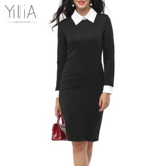 Black Office Dresses Women 2017 Autumn New Yilia Fashion Long Sleeve Pencil Dress Ladies Casual Work Dress With White Collar - intl  