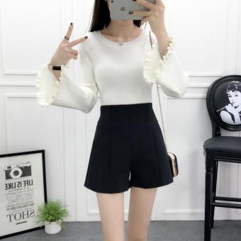 Black Real Shot Autumn and Winter Ladies Thickening Solid Color Fur Women's Shorts Korean All-match Wide Leg Pants High Waist Female Culotte - intl  