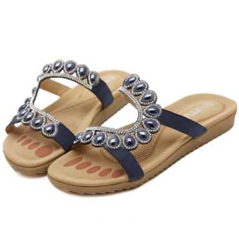 Blue Women Summer Crystal Beads Flat Sandals Shoes Open Toe Beach Slide Slipper Sandal sdl-22  