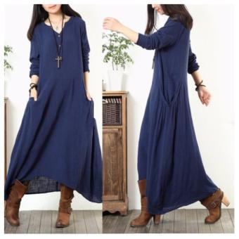 Blue Womens Casual Loose Solid Cotton Linen A-line Shirt Long Sleeve Tunic Dress - intl  