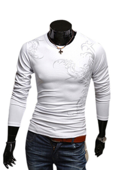 Bluelans Men's Cotton Blend Crew Neck Dragon Thin Tattoo Print Long Sleeve T-shirt White  