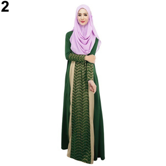 Bluelans Muslim Kaftan Arab Robe Abaya Islamic Lace Stitching Long Sleeve Maxi Dress L (Green) - intl  