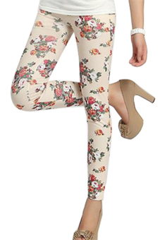 Bluelans retro wanita Flower print legging celana elastisitas tipis krem - Internasional  
