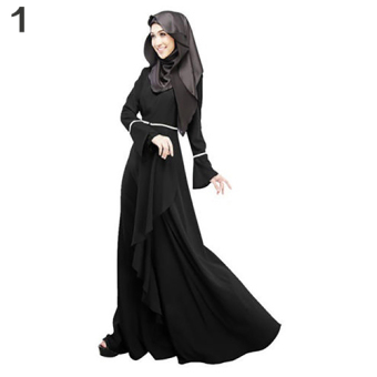 Bluelans Women Ethnic Pure Color Abaya Jilbab Muslim Islamic Flouncing Maxi Dress L (Black) - intl  