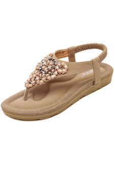 Bohemia Style Summer Fashion Women Flower Rhinestone Flats Casual Thong Sandals Apricot - Intl - intl  