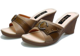 BSM Soga BSP 133 Sandal High Heels Wedges Wanita Kulit Asli Elegan - Krem Kombinasi  