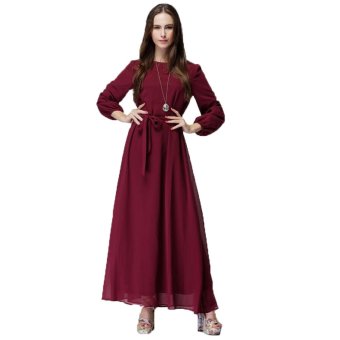 Buenos Ninos Sbaya Dress Women Long Sleeve Slim Belt Bow Muslim Maxi Chiffon Dresses Wine Red    