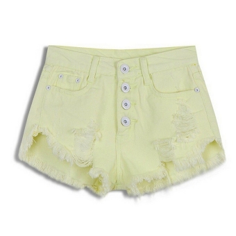 Buttons Ripped Fringe Denim Shorts (Yellow)  