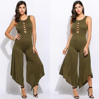 C1S Front Cross Straps Hollow Out Backless Round Collar Wide Leg Asymmetrical Ruffle Hem Tank Jumpsuits Bodysuits(Army Green) - intl  
