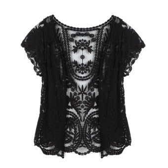 C1S Hollow-Out Lace Embroidery Floral Crochet Cardigan (Black) - intl  