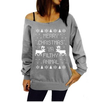 C1S Letter Animal Print Loose Pullover Hoodie Sweatershirt (Grey) - intl  