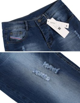 C1S Men's Straight Denim Jeans Frayed Slim Ripped Pants (Blue) - intl  