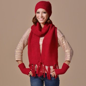 C1S Soft Warm Long Scarf+Fingerless Gloves+Hat (Red) - intl  