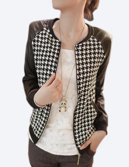 C1S Synthetic Leather Stitching Round Neck Short Coat Jacket Jacket - intl  