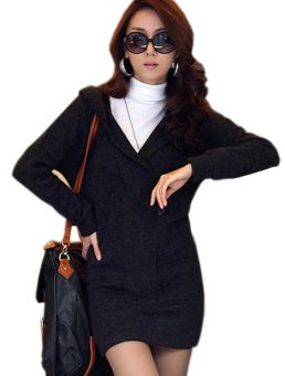 C1S V-neck Mid-length Knitted Sweater Hoodie (Black) - intl  