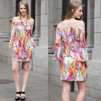 Casual Straight Dresses for Women Floral Print Slash Neck Long Sleeve Swing Short Dress(R) - intl  