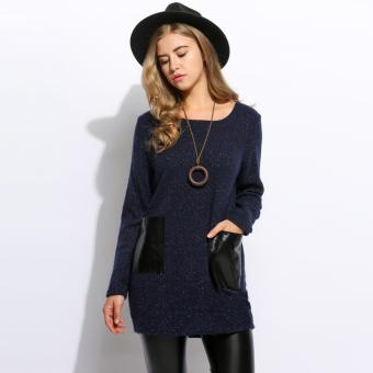 Casual Women O-Neck Long Sleeve Patchwork Pocket Long Loose Knitted Pullover Blouse (Blue) - intl  