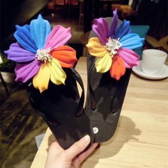 Casual Women Sweet Flower Slippers Beach Flip Flops Flat Sandals Shoes Light black - intl  