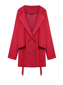 Chic Notched Collar Solid Double Breasted Trench Coat with Sash Wine Red  