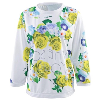 Chic Round Collar Long Sleeve Floral Print T-Shirt for Women(YELLOW)(Size:XL)(Int:S) - intl  