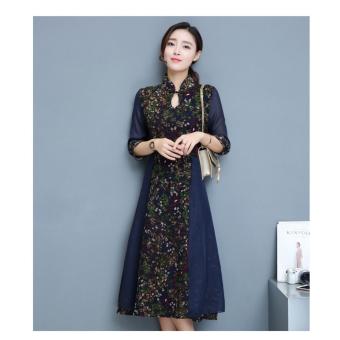 'chinese Dignified and elegant women''s cotton vintage slim linen 3/4 sleeves Dress Flower printing Cheongsam-Blue - intl'  