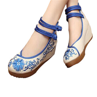 Chinese Embroidered Shoes Women Ballerina Cotton Elevator shoes Blue 35  