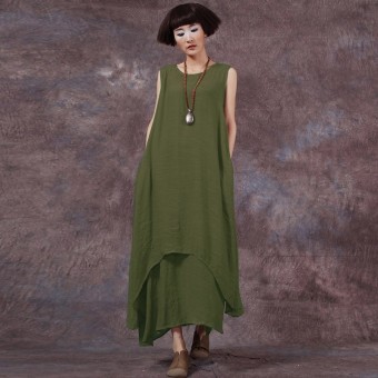 Chinese Style ZANZEA Fashion New Womens Casual Loose Dress Cotton Linen Dresses Long Maxi Vestidos Plus Size Femininas (Army Green) - intl  