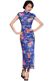 Chinese traditional rose flower printed slim velvet long cheongsam dresses 253  