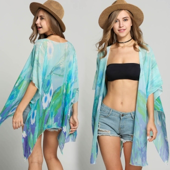 Cool Women Print Casual Open Front Chiffon Blouse Asymmetric Hem Slit Loose Top  