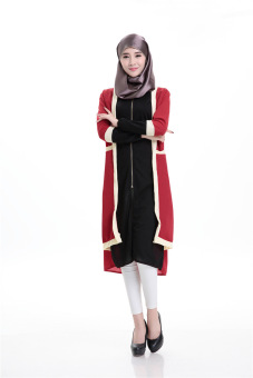 Cotton And Polyester Blended Fake Two pieces Long Sleeve Muslim Dress (Black) - intl  